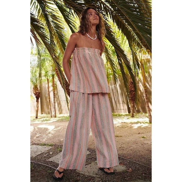 Free People Corfu Striped Cotton-Linen Pants Wide-Leg Pull-On Striped S 276107 - Picture 3 of 7